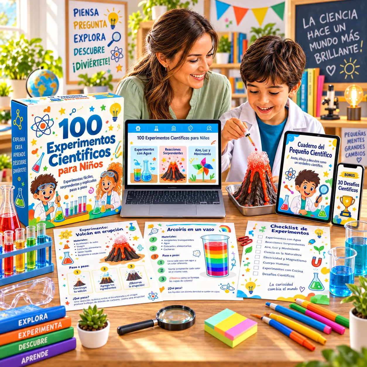 Mockup de 100 Experimentos Científicos para Niños con guía digital, cuaderno científico, desafíos y materiales de experimentos