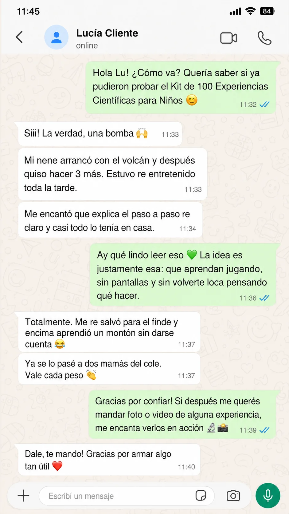 Mensaje de cliente sobre los experimentos científicos para chicos