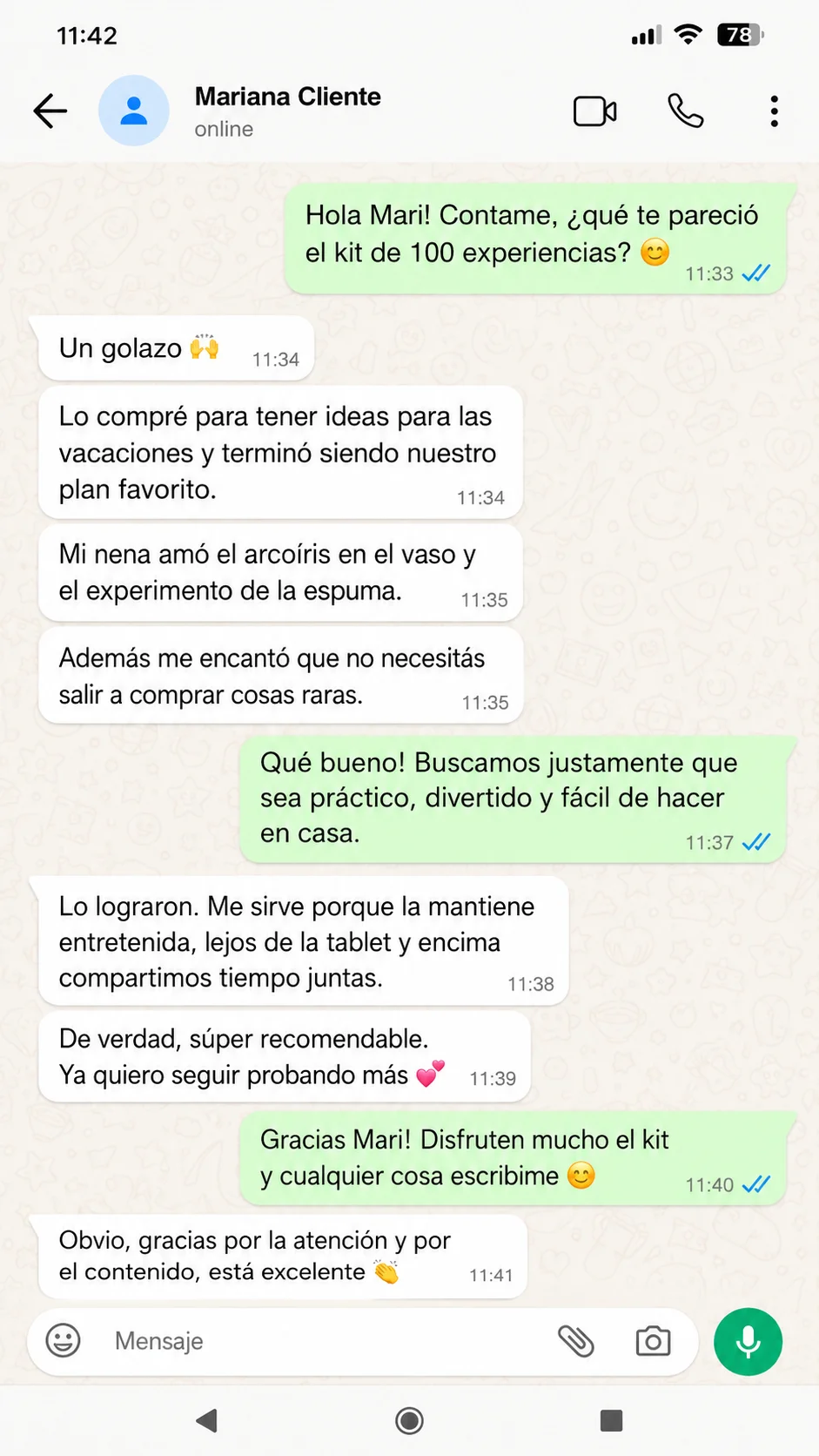Mensaje recibido de cliente sobre la biblioteca de experimentos científicos